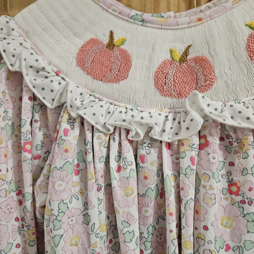 Little Bear Smocked Dress with Pink Pumpkin Embroidery. With Matching Hair Bow - Picture 4 of 7